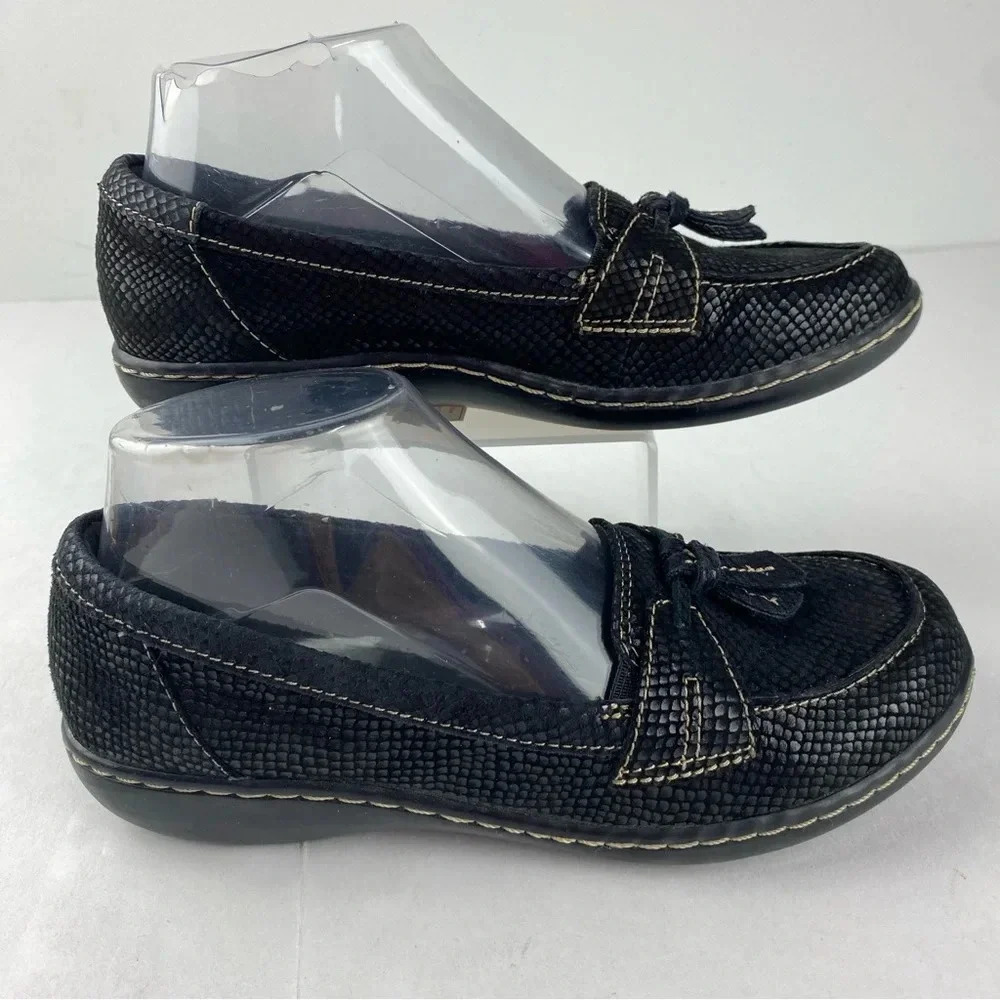 Clarks Collection Womens 6 Black Snakeskin Ashland Bubble Loafer Slip On